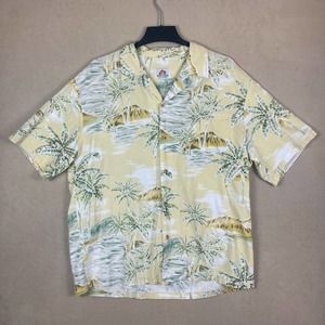 Best‎ Luck Hawaiian Shirt Mens L Yellow Tropical Print Pocket Relaxed Fit